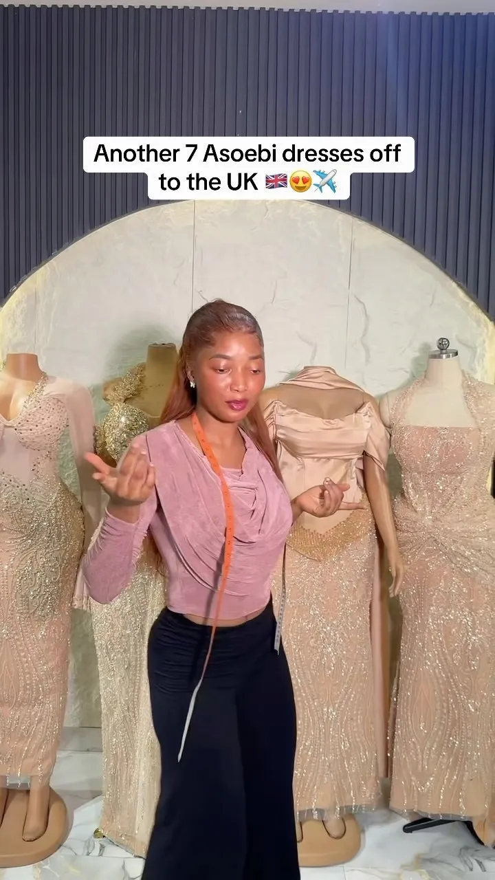 Beaded asoebi gowns lined up before shipping to the UK